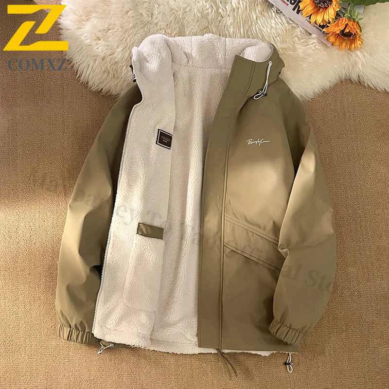 COMXZ Men Reversible Sherpa Jacket Waterproof Windproof Mountain Climbing Coat Winter Thickened Fleece Outdoor Sports Hood Parka