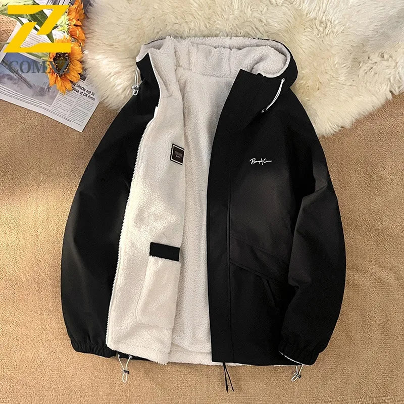 COMXZ Men Reversible Sherpa Jacket Waterproof Windproof Mountain Climbing Coat Winter Thickened Fleece Outdoor Sports Hood Parka