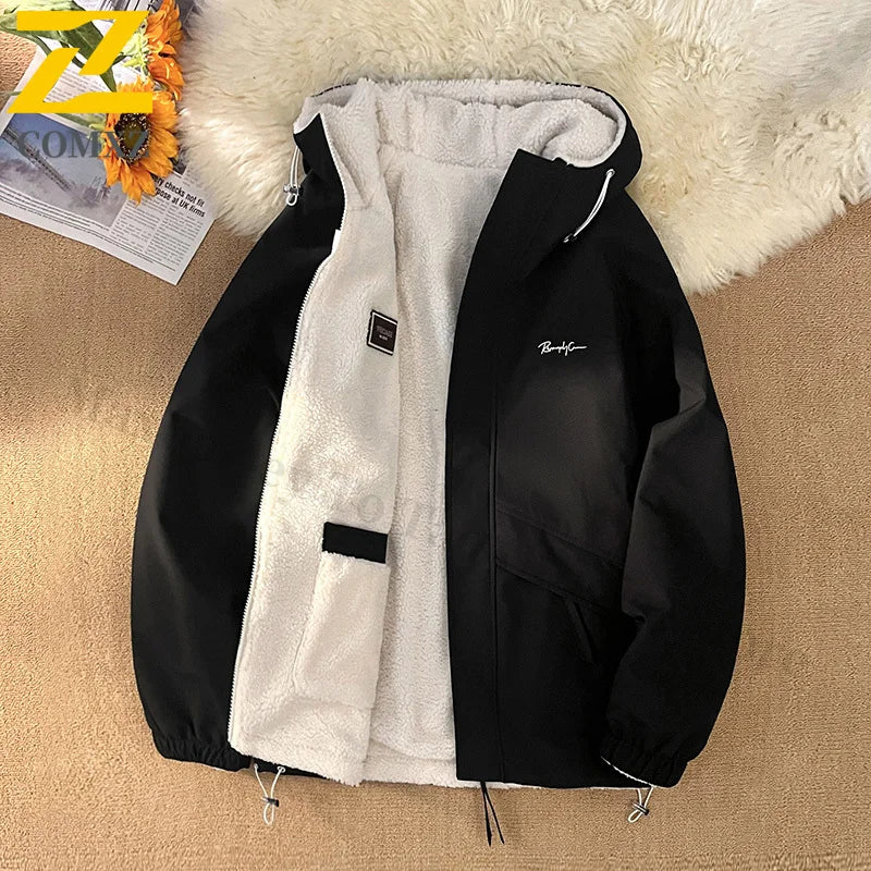 COMXZ Men Reversible Sherpa Jacket Waterproof Windproof Mountain Climbing Coat Winter Thickened Fleece Outdoor Sports Hood Parka