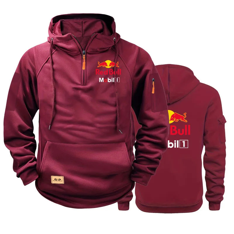 Red Bull Logo Men's Motorcycle Jacket with Hood