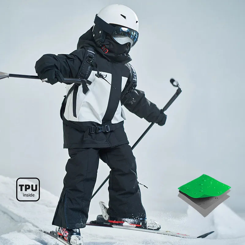 Children’s Outdoor Ski Suit Set – Black & White Jacket and Pants